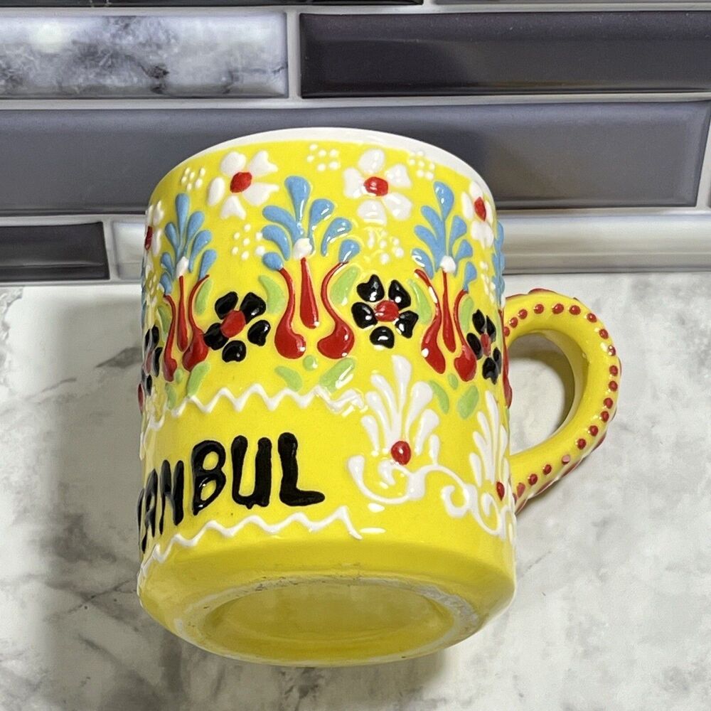 ISTANBUL Turkey Turkish Ceramic Coffee Tea Mug Yellow 12oz HANDPAINTED 3-D